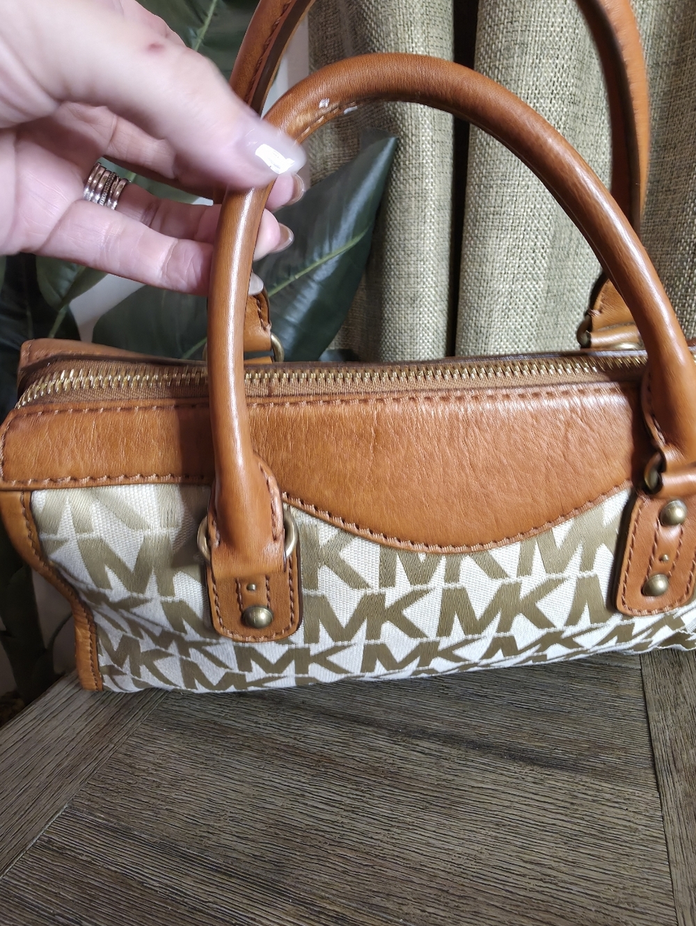 Michael Kors Beige Signature Logo Satchel with Brown Leather Trim - Picture 6 of 13